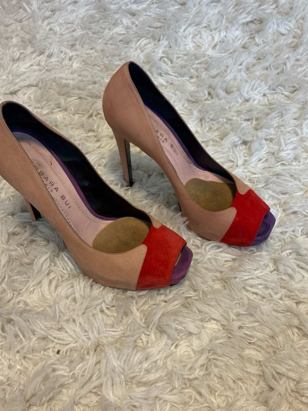 Barbara Bui Multicolor Suede Peep-Toe Heels — Pink, Red & Purple